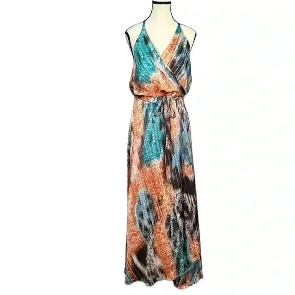 Boston Proper Snake print Criss Cross Open Back High Slit Belted Maxi dress Sz 8